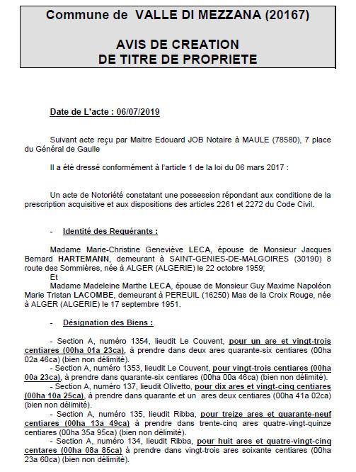 Avis de création de titre de propriété - commune de Valle di Mezzana (Corse-du-Sud)