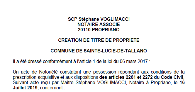 Avis de création de titre de propriété - commune de Sainte-Lucie-de-Tallano (Corse-du-Sud)