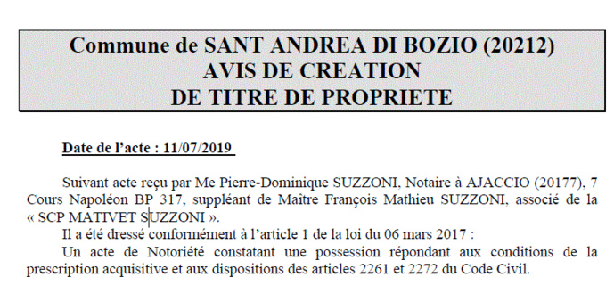 Avis de création de titre de propriété - commune de Sant Andrea di Bozio (Haute-Corse)
