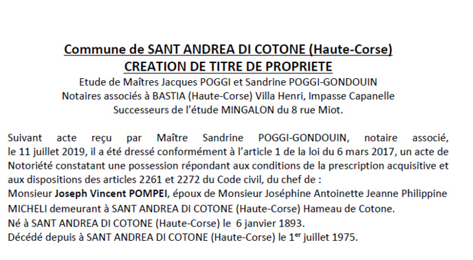 Avis de création de titre de propriété - commune de Sant'Andrea di Cotone (Haute-Corse)