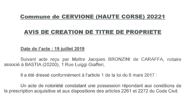 Avis de création de titre de propriété - commune de Cervione (Haute-Corse)