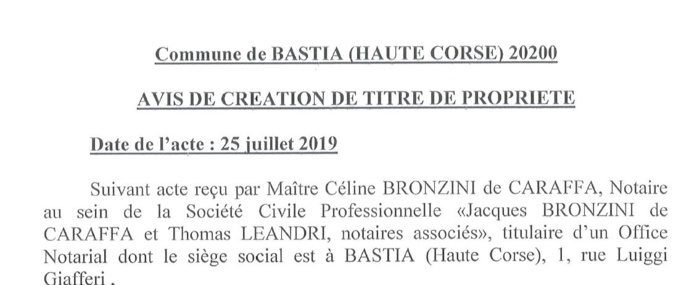 Avis de création de titre de propriété - commune de Bastia (Haute-Corse)
