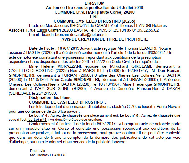 Avis de création de titre de propriété - commune d'Altiani (Haute-Corse)