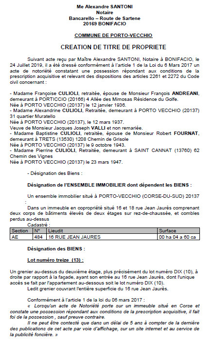 Avis de création de titre de propriété - commune de Porto-Vecchio (Corse-du-Sud)