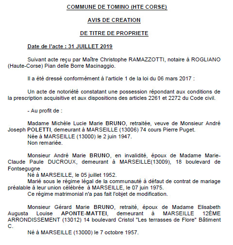 Avis de création de titre de propriété - commune de Tomino (Haute-Corse)