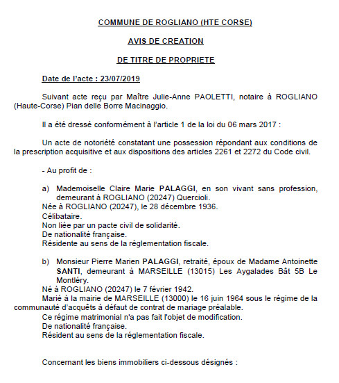 Avis de création de titre de propriété - commune de Rogliano (Haute-Corse)