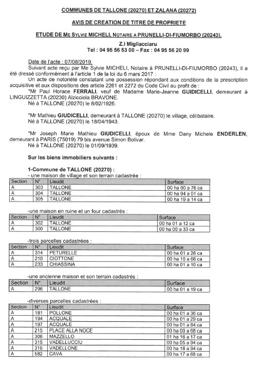 Avis de création de titre de propriété - commune de Talone et Zalana (Corse-du-Sud)