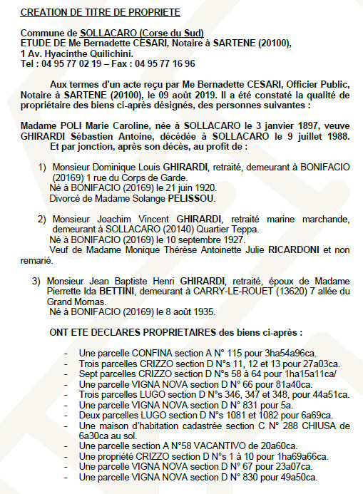 Avis de création de titre de propriété - commune de Sollacaro (Corse-du-Sud)