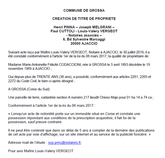 Avis de création de titre de propriété - commune de Grossa (Corse-du-Sud)