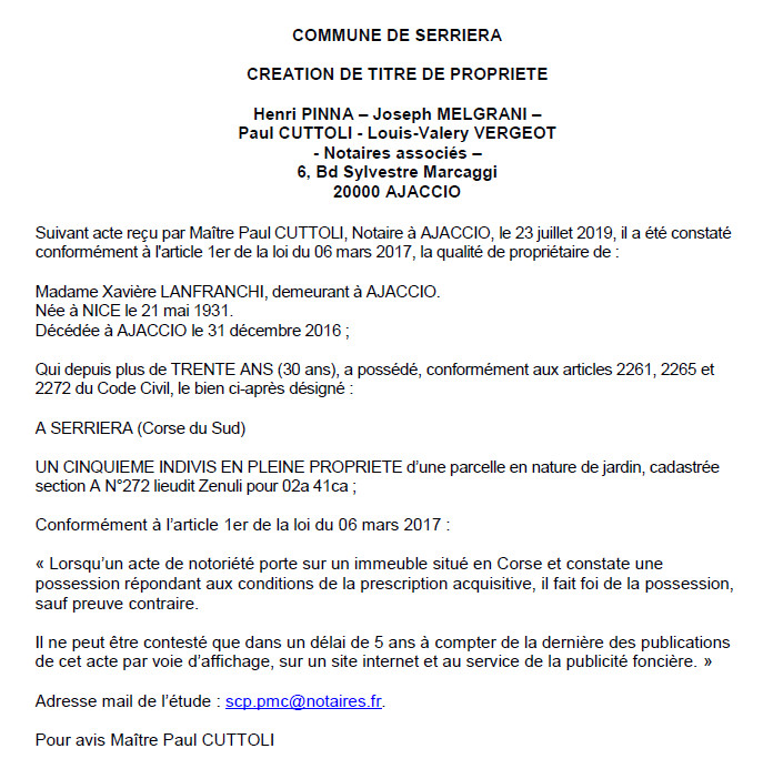 Avis de création de titre de propriété - commune de Serriera (Corse-du-Sud)