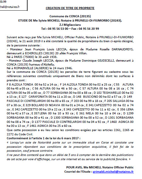 Avis de création de titre de propriété - commune de Conca (Corse-du-Sud)