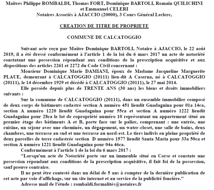 Avis de création de titre de propriété - commune de Calcatoggio (Corse-du-Sud)