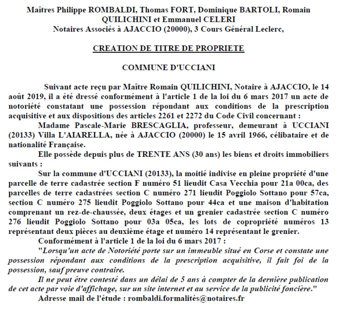 Avis de création de titre de propriété - commune d'Ucciani (Corse-du-Sud)
