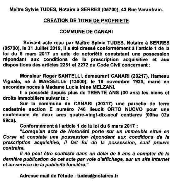 Avis de création de titre de propriété - commune de Canari (Haute-Corse)