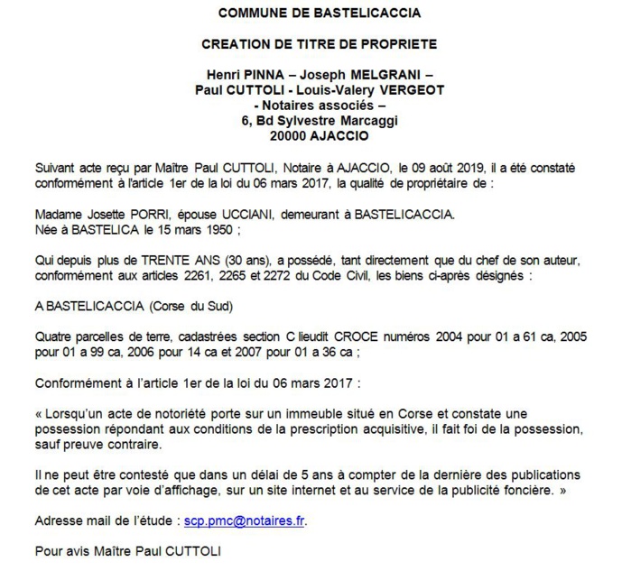 Avis de création de titre de propriété - commune de Bastelicaccia (Corse-du-Sud)