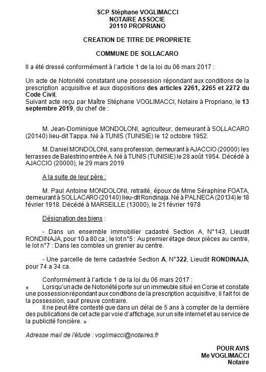 Avis de création de titre de propriété - commune de Sollacaro (Corse-du-Sud)