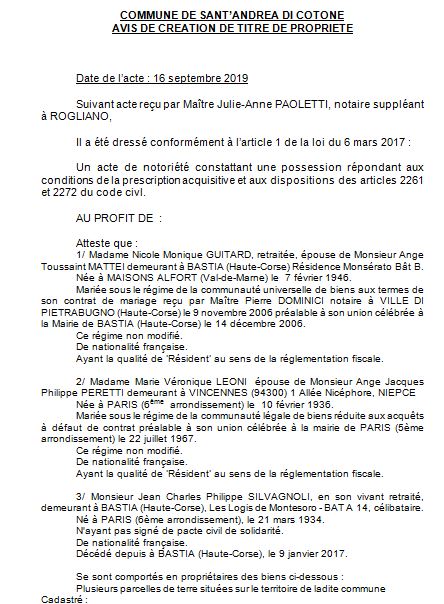 Avis de création de titre de propriété - commune de Sant'Andrea di Cotone (Haute Corse) Avis de création de titre de propriété - commune de Sant'Andrea di Cotone (Haute Corse)