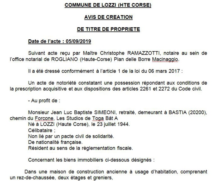 Avis de création de titre de propriété - commune de Lozzi (Haute Corse)