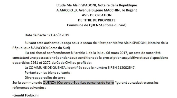 Avis de création de titre de propriété - commune de Quenza (Corse-du-Sud)