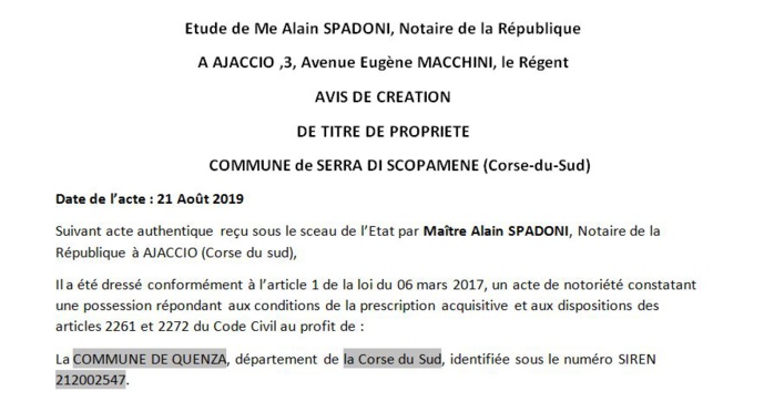 Avis de création de titre de propriété - commune de Serra-di-Scopamène (Corse-du-Sud)