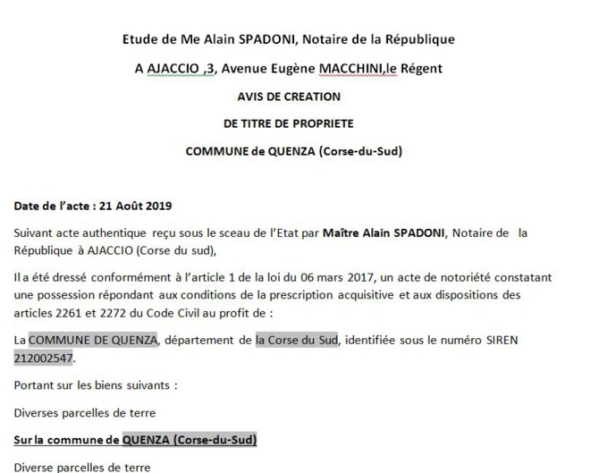 Avis de création de titre de propriété - commune de Quenza (Corse-du-Sud)