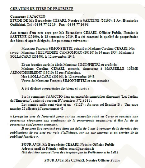 Avis de création de titre de propriété - commune d'Ajaccio (Corse-du-Sud) Avis de création de titre de propriété - commune d'Ajaccio (Corse-du-Sud)