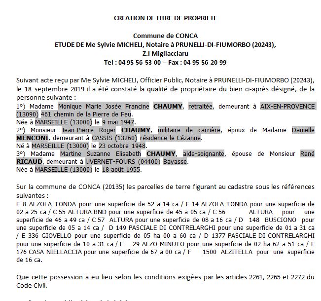 Avis de création de titre de propriété - commune de Conca (Corse-du-Sud)