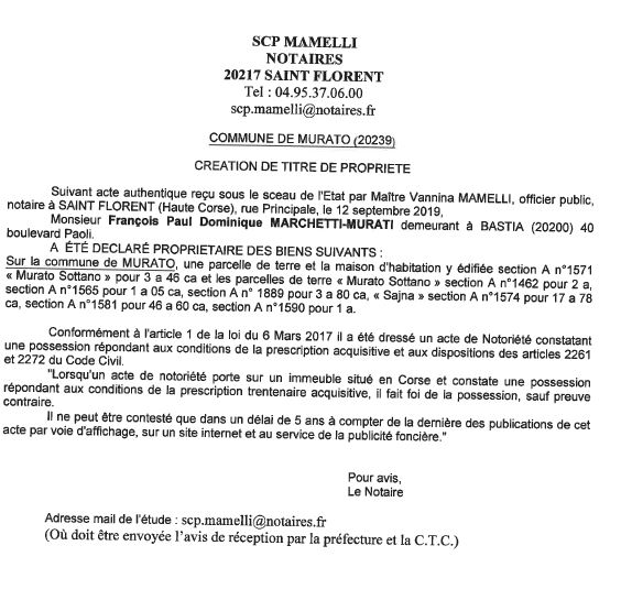 Avis de création de titre de propriété - commune de Murato (Haute Corse)