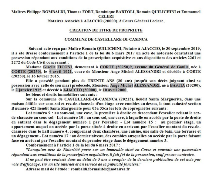 Avis de création de titre de propriété - commune de Castellare di Casinca (Haute corse)