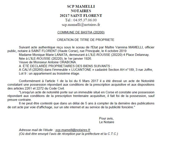 Avis de création de titre de propriété - commune de Calvi (Haute corse)