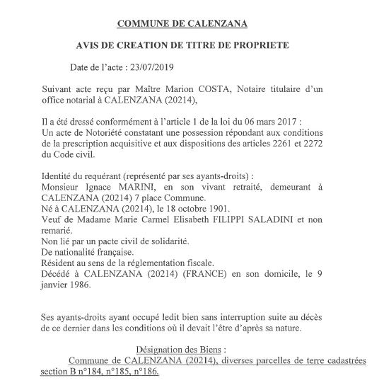 Avis de création de titre de propriété - commune de Calenzana (Haute corse)