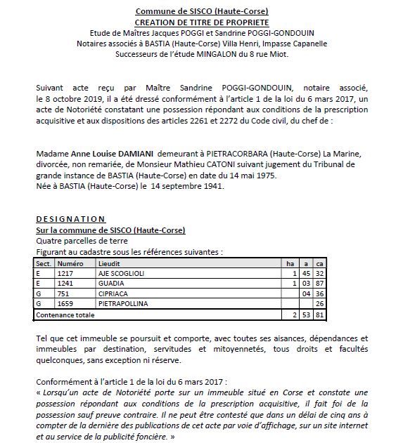 Avis de création de titre de propriété - commune de Sisco (Haute corse)