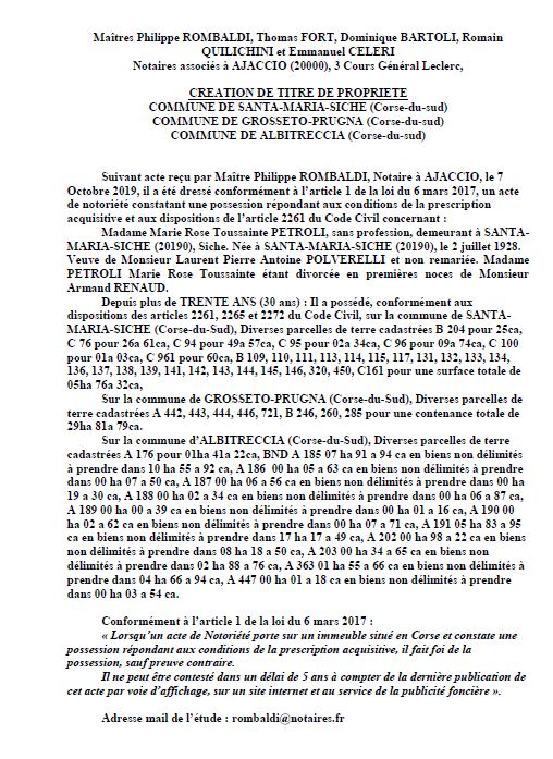 Avis de création de titre de propriété - commune de Santa-Maria-Siche (Corse-du-sud)