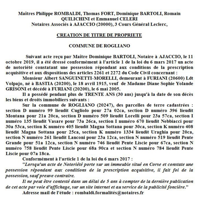 Avis de création de titre de propriété - commune de Rogliano (Haute Corse)