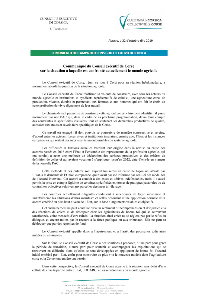 Le Conseil exécutif de Corse s'exprime sur la situation à laquelle est confronté actuellement le monde agricole