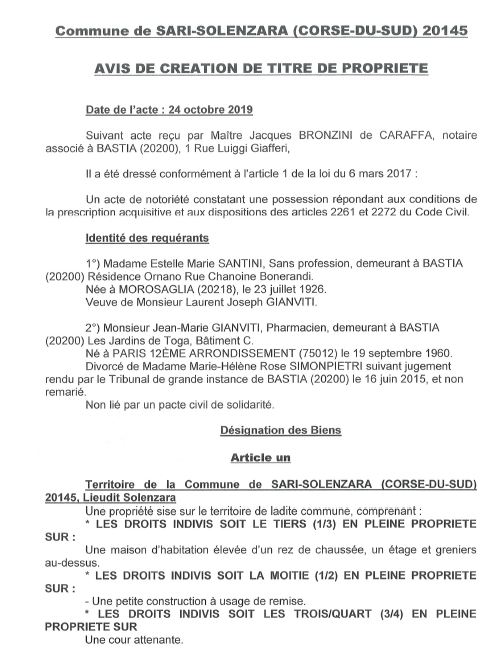 Avis de création de titre de propriété - commune de Sari-Solenzara (Corse du Sud)