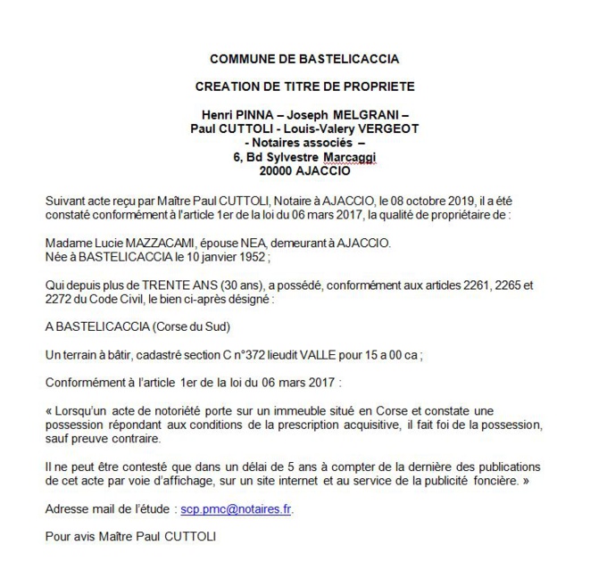 Avis de création de titre de propriété - commune de Bastelicaccia (Corse du Sud) Avis de création de titre de propriété - commune de Bastelicaccia (Corse du Sud)
