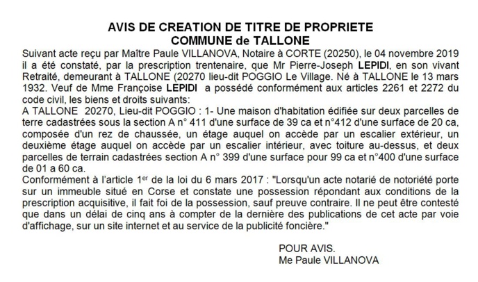 Avis de création de titre de propriété - commune de Tallone (Haute corse)