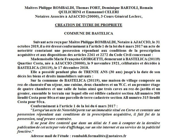 Avis de création de titre de propriété - commune de Bastelica (Corse-du-sud)