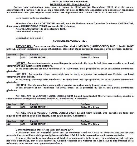 Avis de création de titre de propriété - commune de Venaco (Haute Corse)