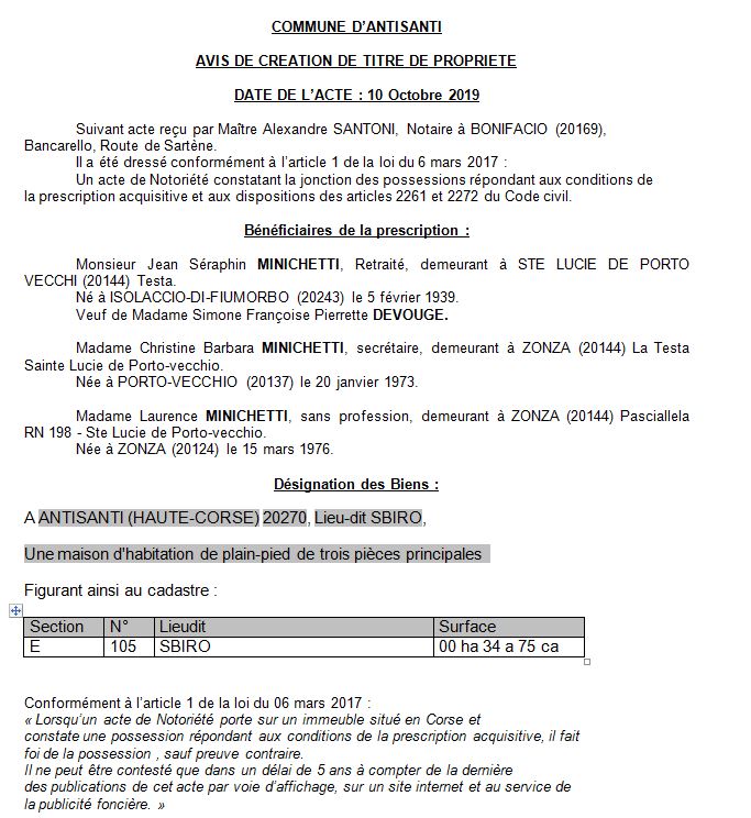 Avis de création de titre de propriété - commune d'Antisanti (Haute Corse)