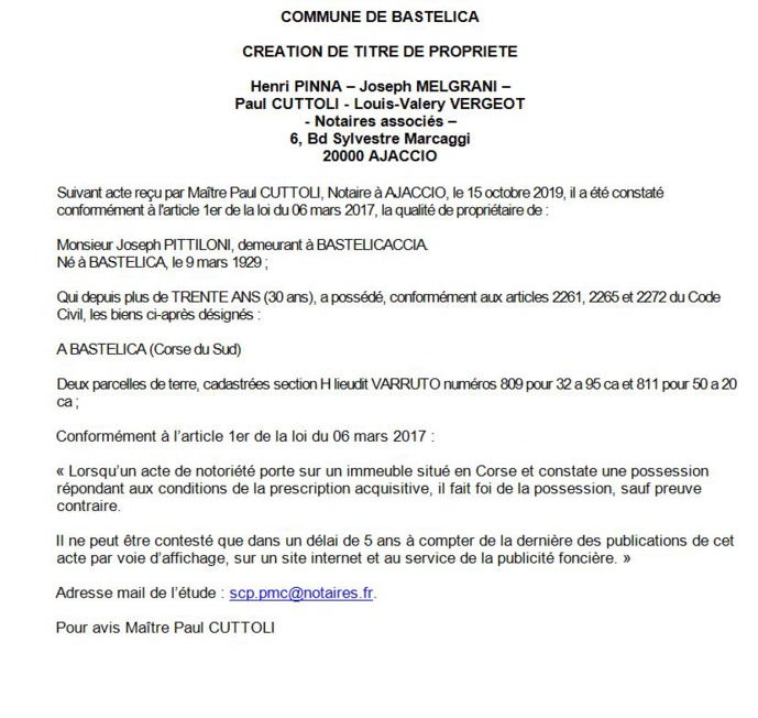 Avis de création de titre de propriété - commune de Bastelica (Corse du sud)