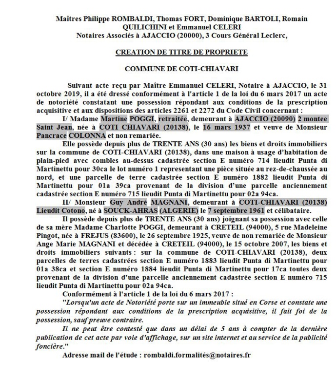 Avis de création de titre de propriété - commune de Coti-Chiavari (Corse du sud) Avis de création de titre de propriété - commune de Coti-Chiavari (Corse du sud)