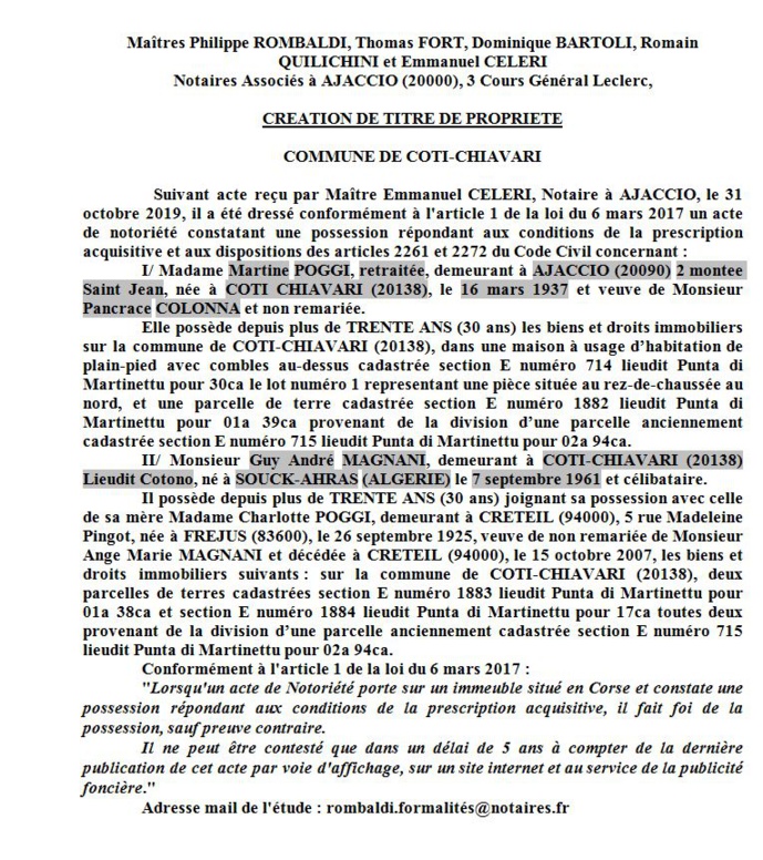 Avis de création de titre de propriété - commune de Coti-Chiavari (Corse du sud)
