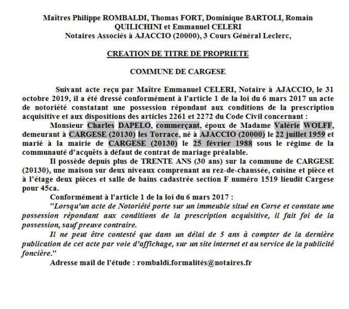 Avis de création de titre de propriété - commune de Cargèse (Corse du sud)