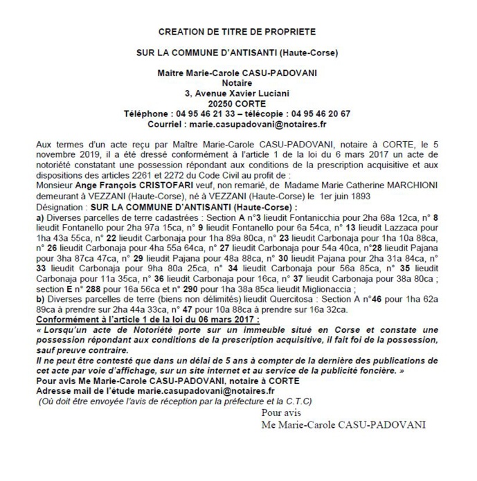 Avis de création de titre de propriété - commune d'Antisanti (Haute Corse)