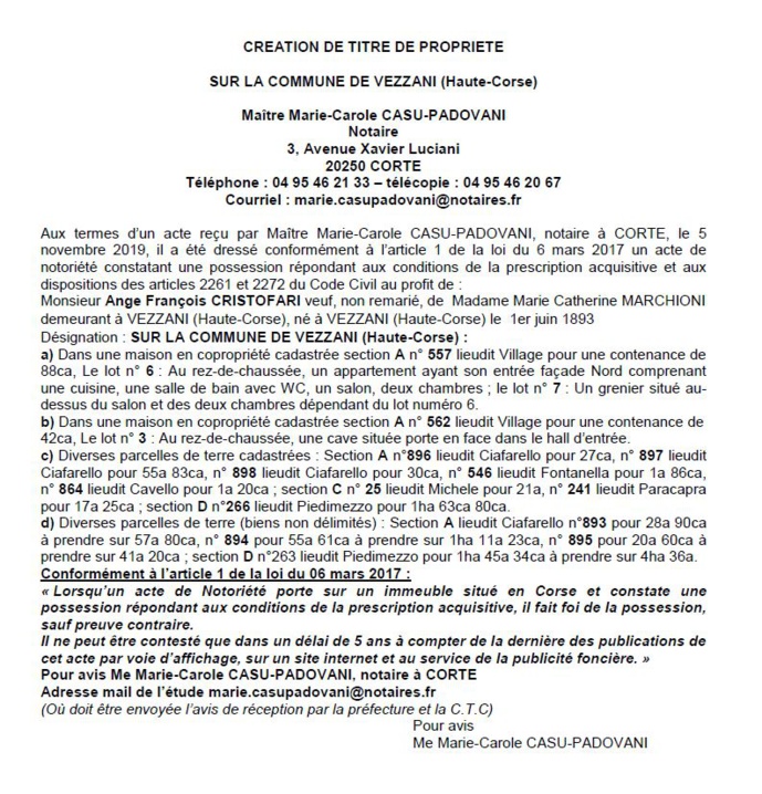 Avis de création de titre de propriété - commune de Vezzani (Haute Corse)
