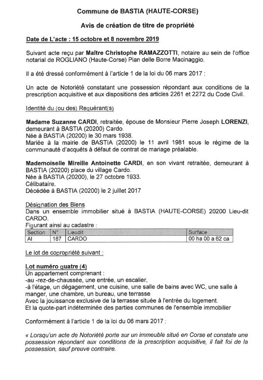 Avis de création de titre de propriété - commune de Bastia (Haute Corse)