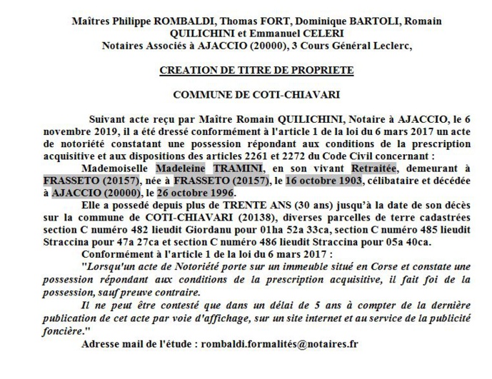 Avis de création de titre de propriété - commune de Coti-Chiavari (Corse du Sud)