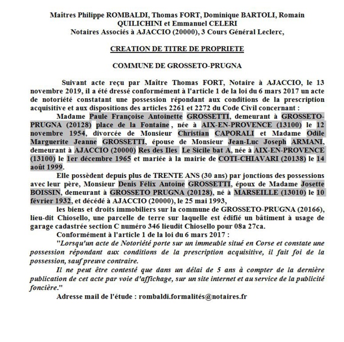 Avis de création de titre de propriété - commune de Grosseto-Prugna (Corse du Sud) Avis de création de titre de propriété - commune de Grosseto-Prugna (Corse du Sud)